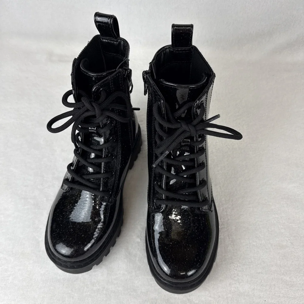 Art Class Black Sparkle Glitter Combat Boots Lace Up Zipper Childs Size 13 NWOB